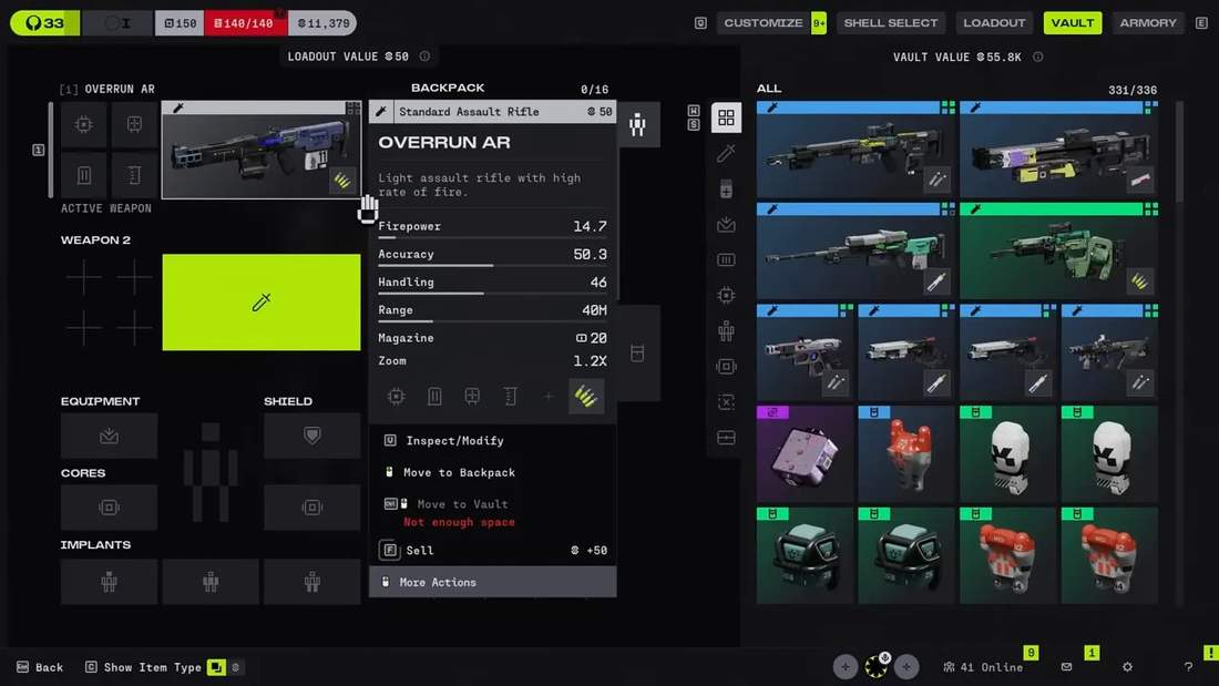 Vault UI with Overrun AR inspect/modify popup showing weapon stats and actions