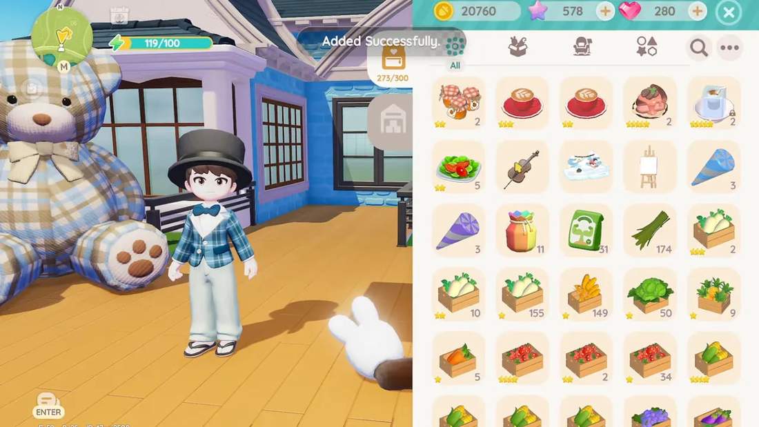 Inventory grid with 'Added Successfully' toast showing an item was moved to storage and bag capacity 273 of 300