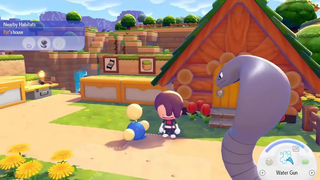 Jumpluff and the player standing in front of a house with another Pokémon nearby, clear view of Jumpluff.