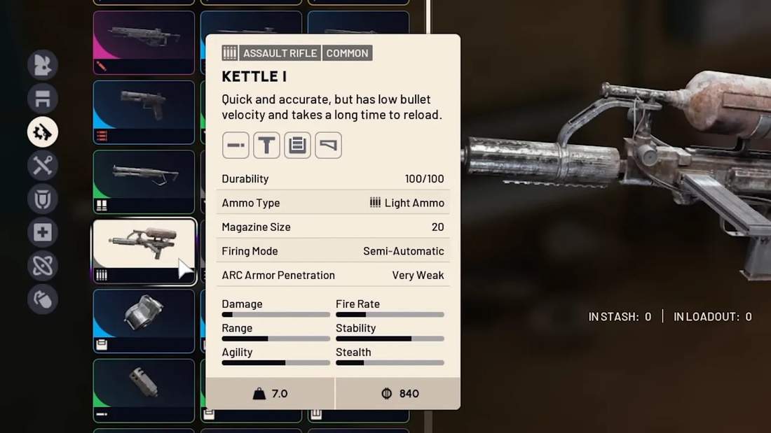 Kettle I weapon info card in Arc Raiders inventory showing stats like 'Semi-Automatic', magazine size 20, and performance bars.