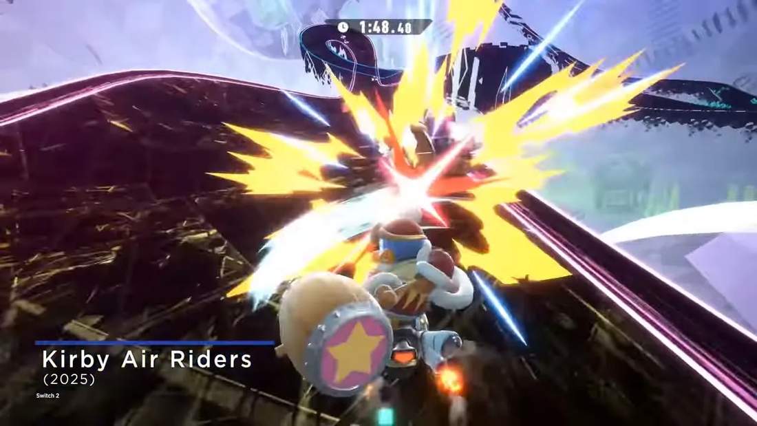 Third-person in-race shot from Kirby Air Riders showing a character attacking with explosion effects and the game's title overlay