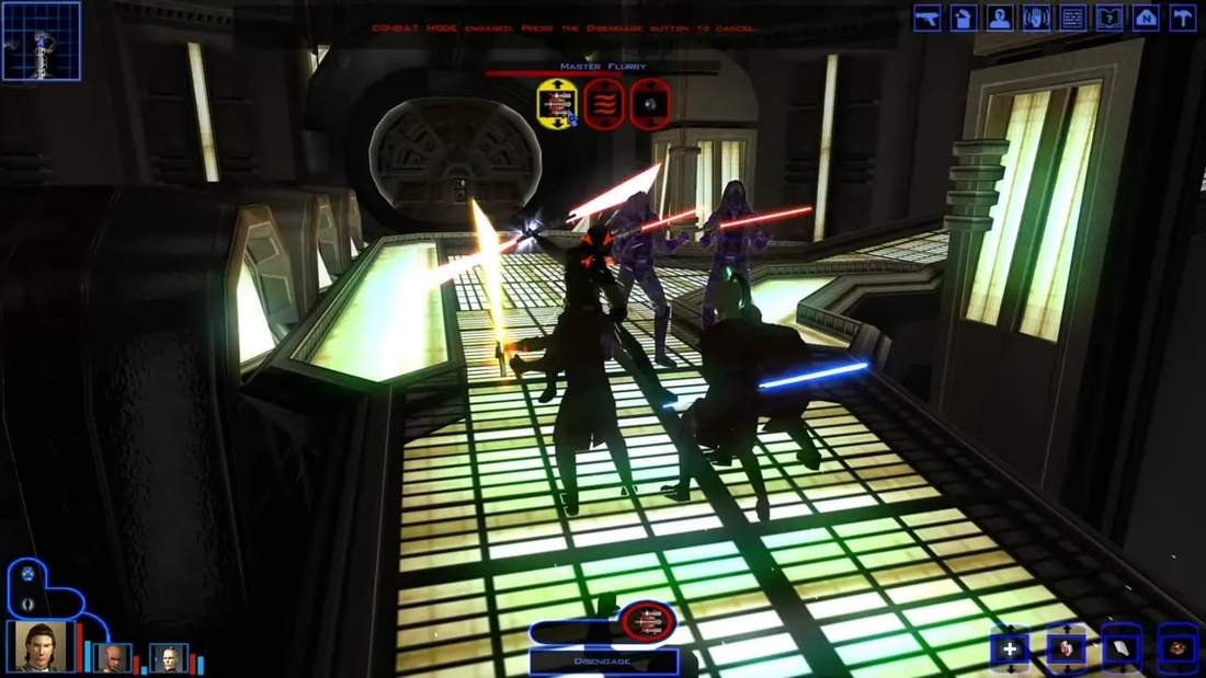 Star Wars Knights of the Old Republic combat screenshot with lightsaber clash and combat UI