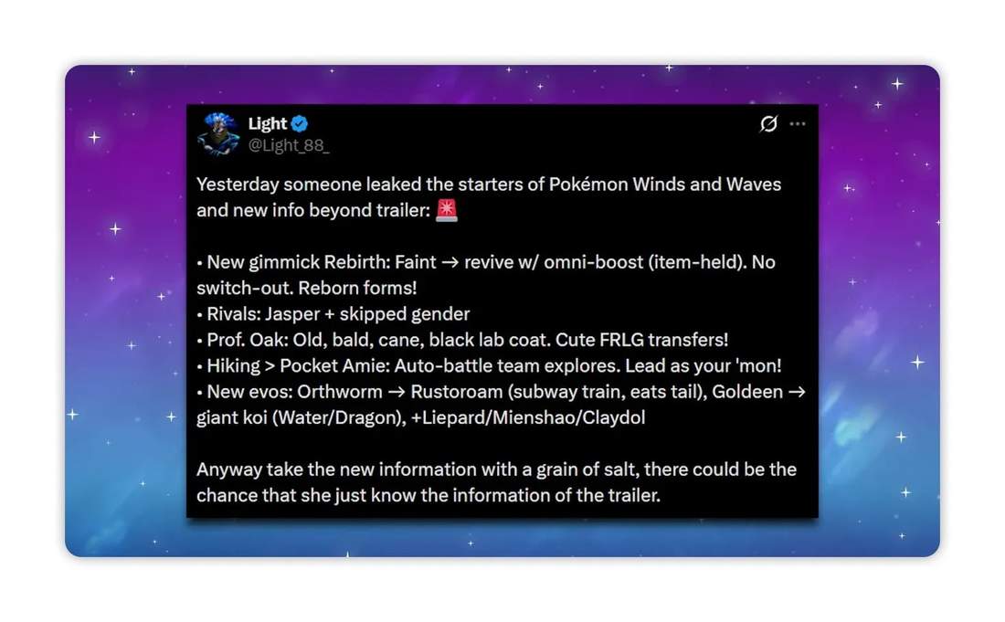 Screenshot of a social post listing Pokemon Winds and Waves leaks: Rebirth mechanic, rivals, Professor Oak details, hiking, and new evolutions including Orthworm to Rustoroam and a giant koi.