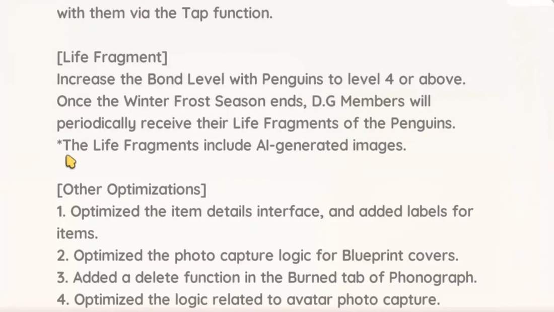 High‑clarity screenshot of patch notes with the '[Life Fragment]' section, the instruction to raise penguin bond to level 4, and the note that life fragments include AI‑generated images.