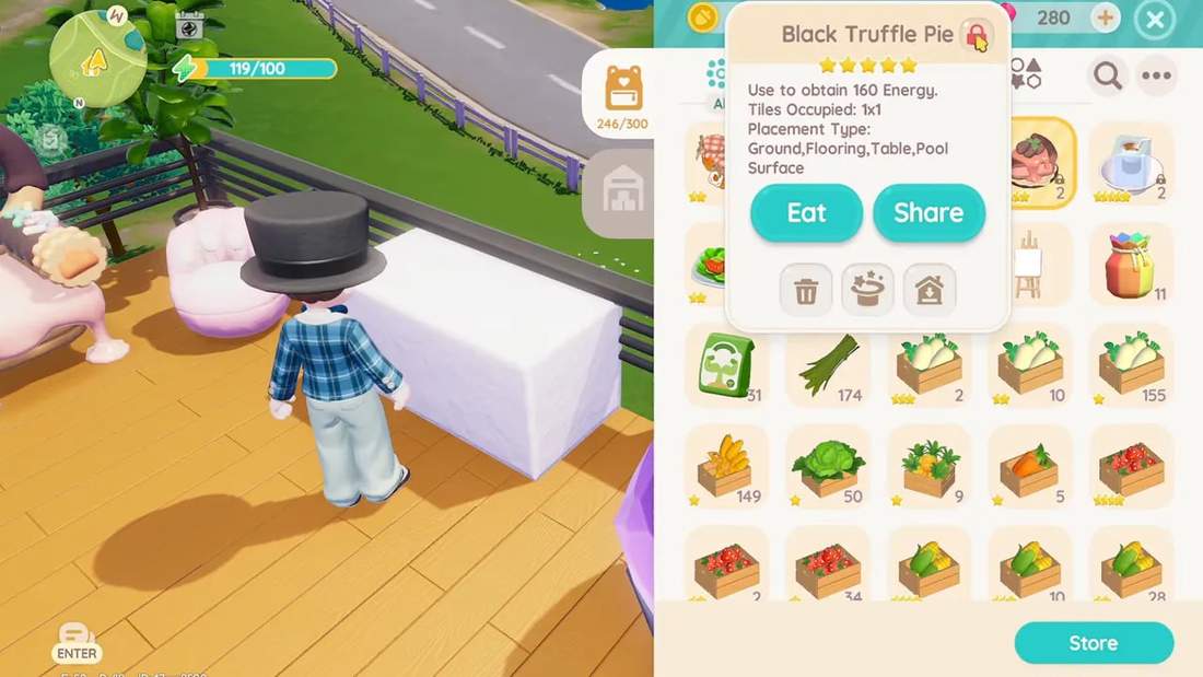 Black Truffle Pie tooltip with lock icon and Eat/Share buttons highlighting a five-star item in the inventory.