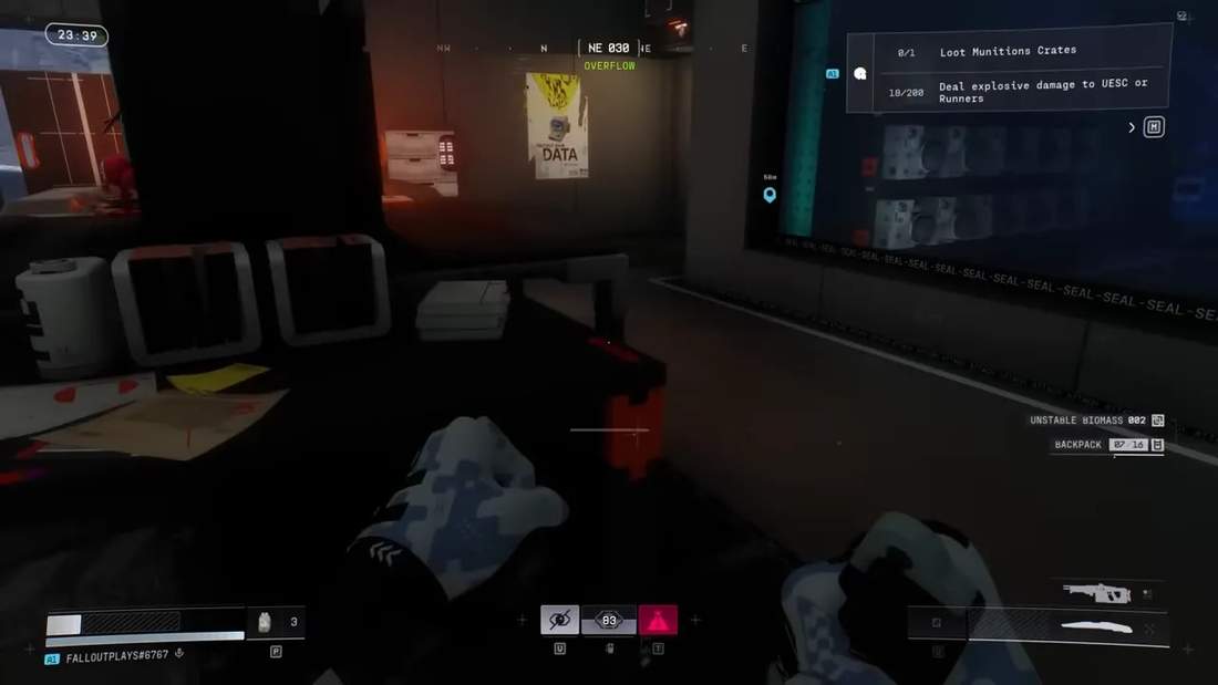 First-person looting scene with unstable biomass noted in the HUD