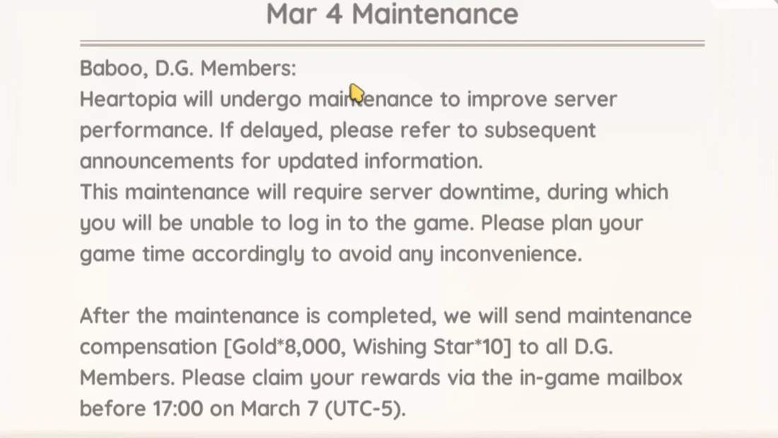 Mar 4 Maintenance notice showing server downtime and compensation of Gold*8,000 and Wishing Star*10 with instructions to claim rewards.