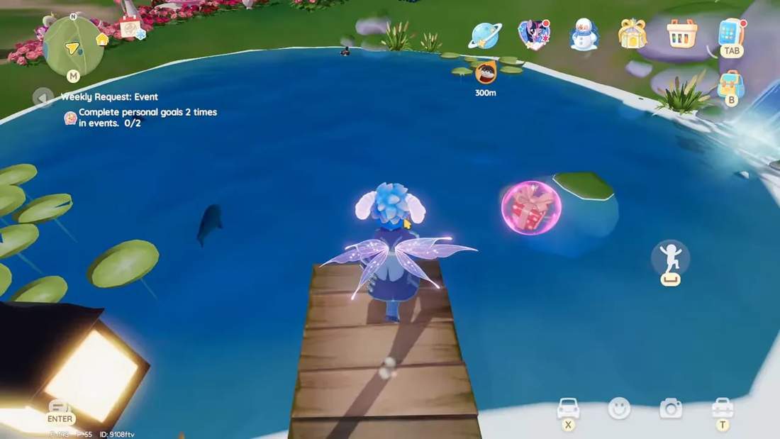 Player standing on a wooden dock looking at a pink present bubble floating near a lily pad and a small waterfall at Meadow Lake