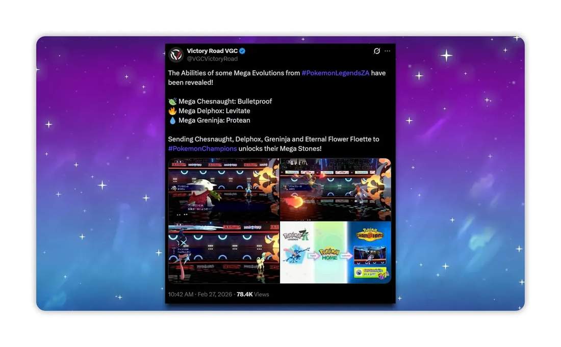 Social media screenshot listing mega abilities (Mega Chesnaught: Bulletproof; Mega Delphox: Levitate; Mega Greninja: Protean) with small in-game screenshots