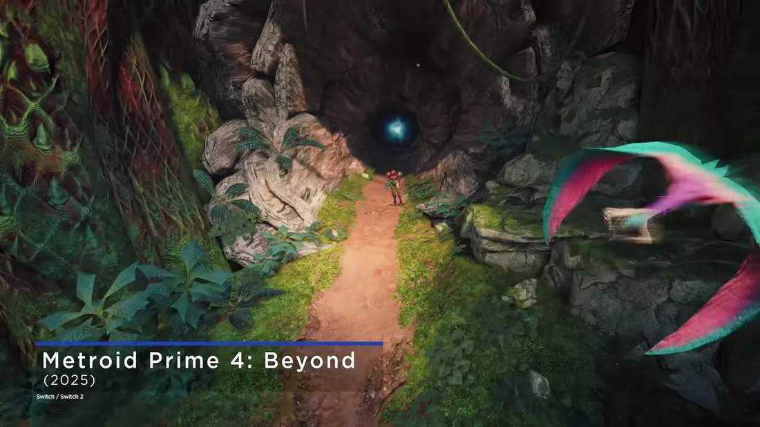 Metroid Prime 4 screenshot showing Samus on a forested path approaching a glowing portal