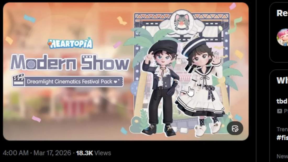 Clear Modern Show banner showing two full outfits (hat, dress, shoes) from Heartopia
