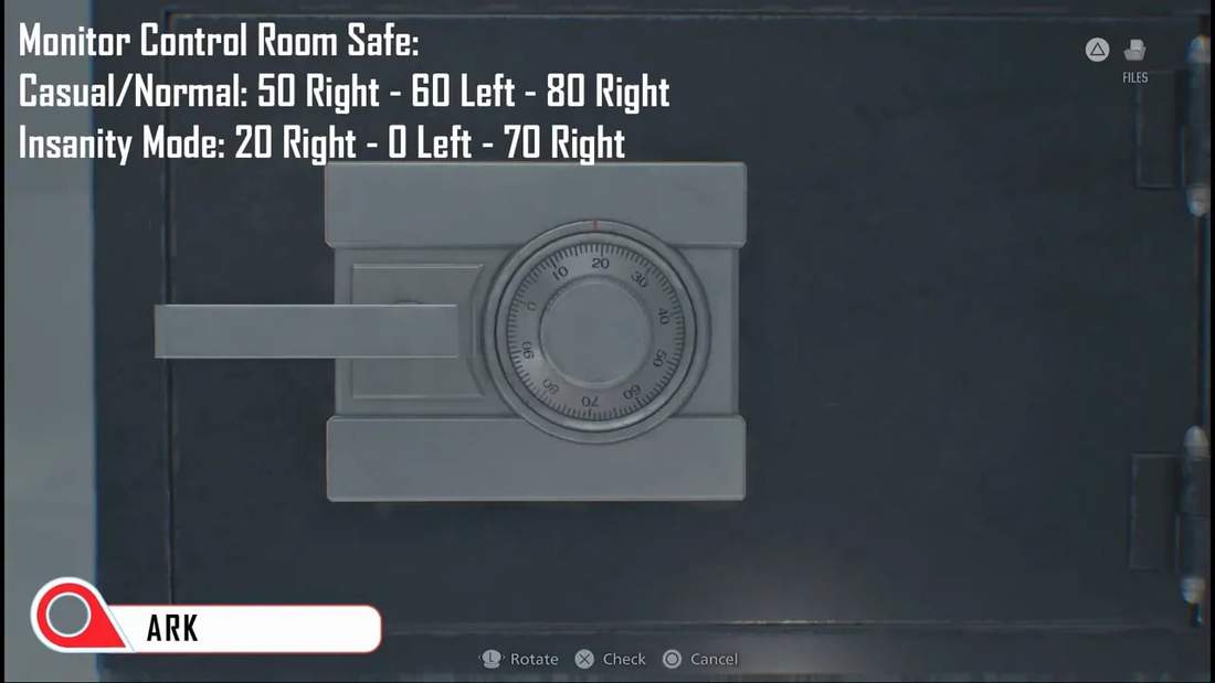 Close-up image of a safe dial with white on-screen text showing the Monitor Control Room Safe combinations for Casual/Normal and Insanity modes.