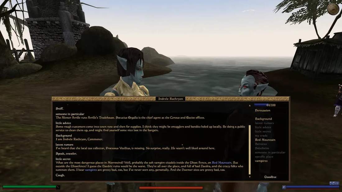 Morrowind dialogue interface with NPC background and rumor details