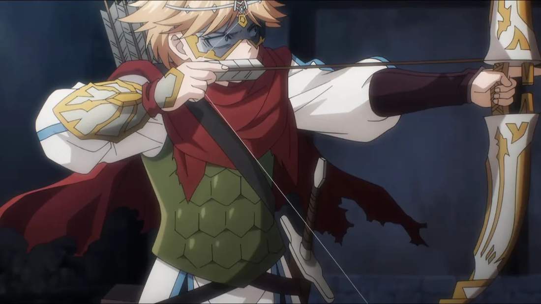 masked archer aiming a bow while wearing a visor