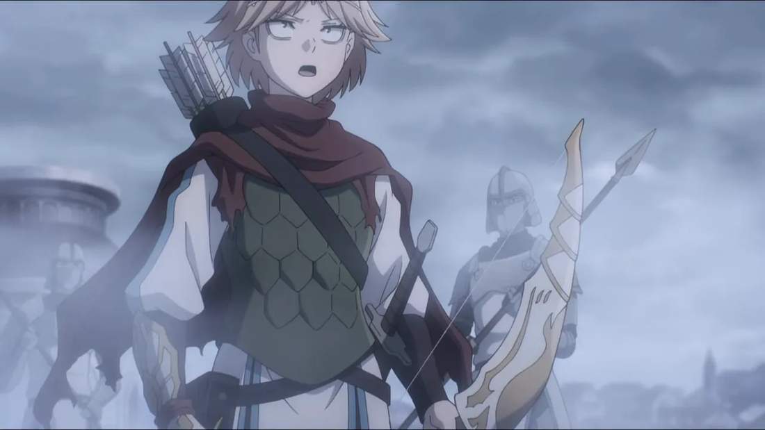 Neia mid-speech with bow in hand, addressing soldiers on a foggy field, mouth open and expression determined
