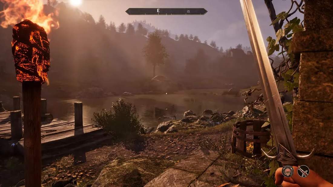 Lakeside vista with torch and sword in foreground, trees and hills in the distance in Oblivion Remastered