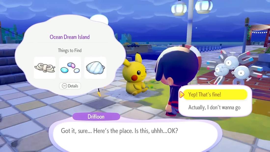 Ocean Dream Island dialog showing items to find with a Pikachu doll by the shore under a cloudy sky.