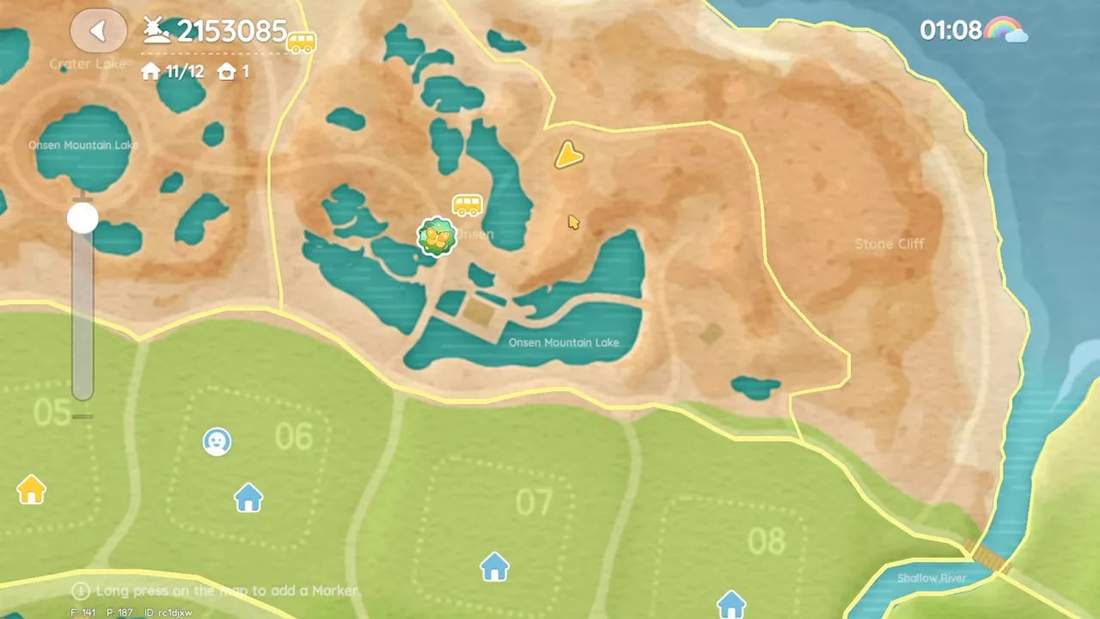 In-game map of Onsen Mountain Lake with a bouquet icon marking the cliff spawn location and nearby landmarks.