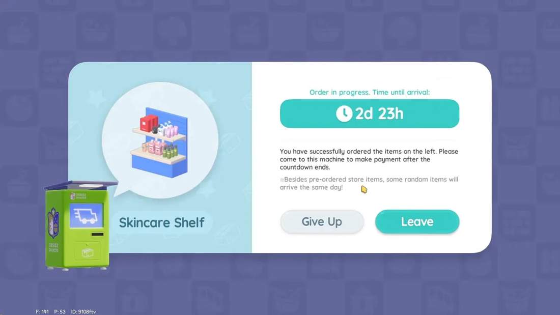 Ordering Machine order-in-progress dialog displaying 2 days 23 hours remaining for a Skincare Shelf order