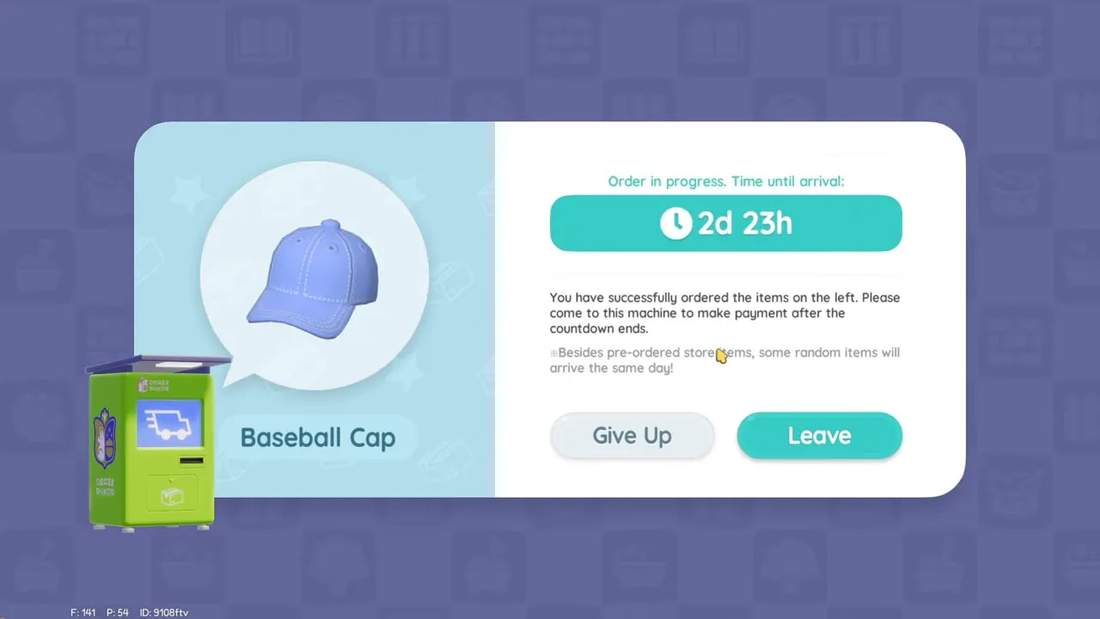 Order-in-progress dialog with countdown (2d 23h) and 'Give Up' and 'Leave' buttons