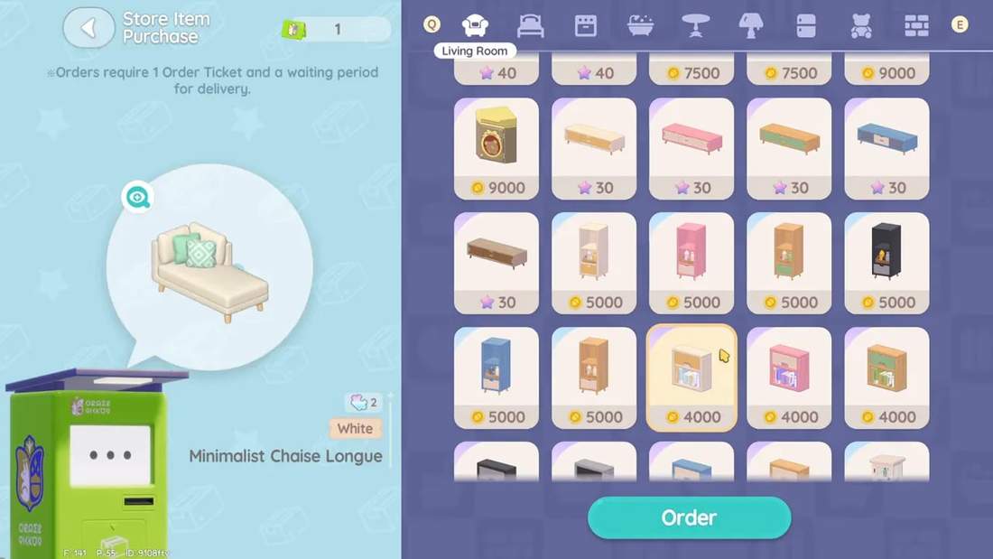 Ordering Machine catalog grid showing living room furniture items with coin and star prices