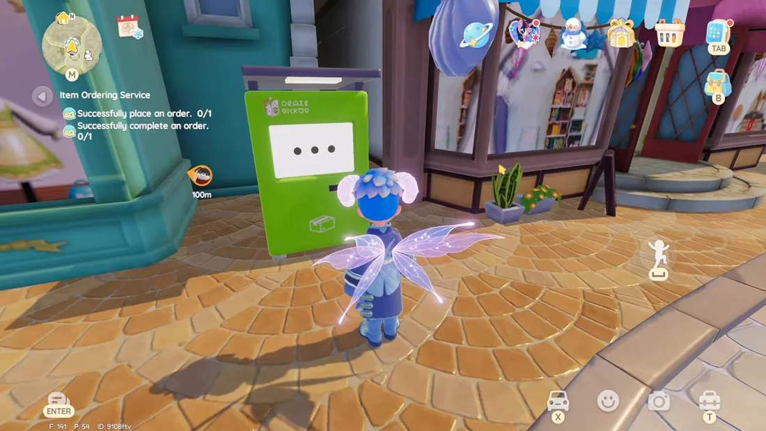 Clear view of the green Ordering Machine kiosk with player standing in front