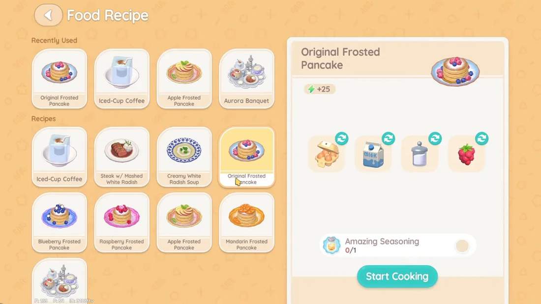 Food recipe UI showing the Original Frosted Pancake recipe, ingredient icons, required seasoning, and the Start Cooking button.
