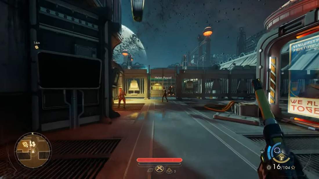 The Outer Worlds 2 gameplay screenshot showing a populated space outpost with moon visible in the sky and weapon HUD
