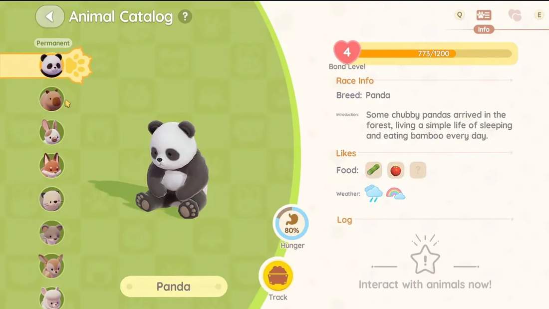 Heartopia animal catalog for Panda showing likes with bamboo and apple icons