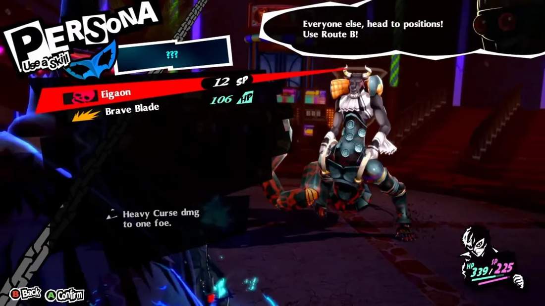 Persona 5 Royal battle screen showing skill and combat instructions during turn-based combat