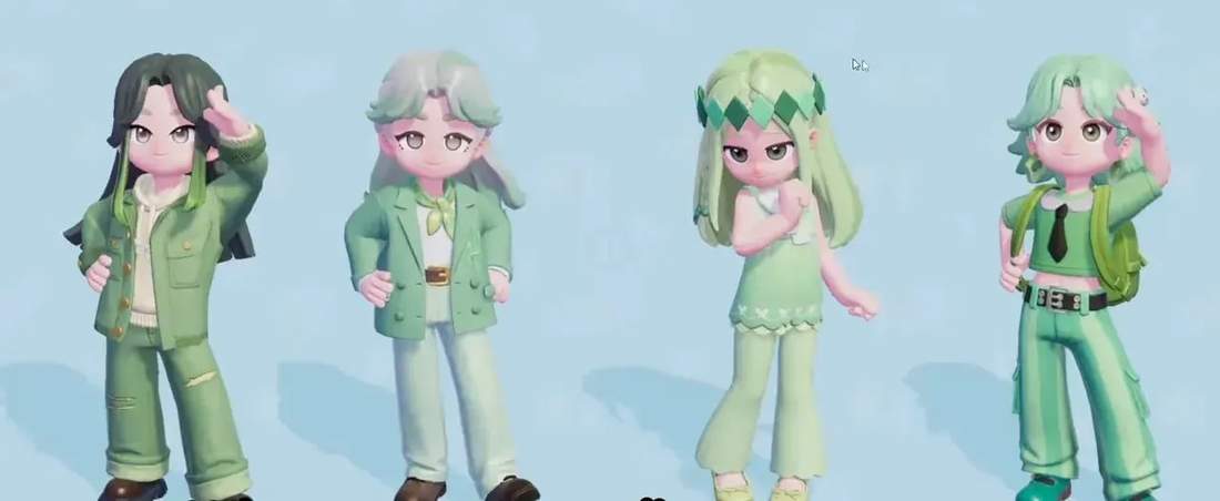 Four Heartopia characters wearing varied green personality outfits standing against a pale blue background with subtitle text