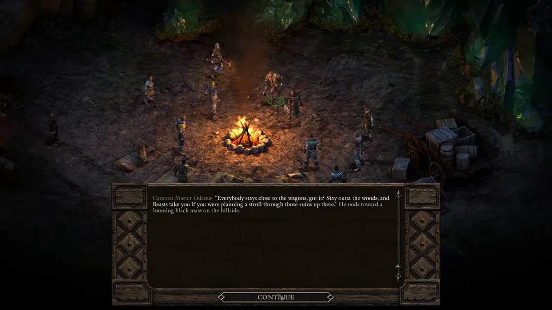 Pillars of Eternity campfire scene with large dialogue box and characters standing around the fire