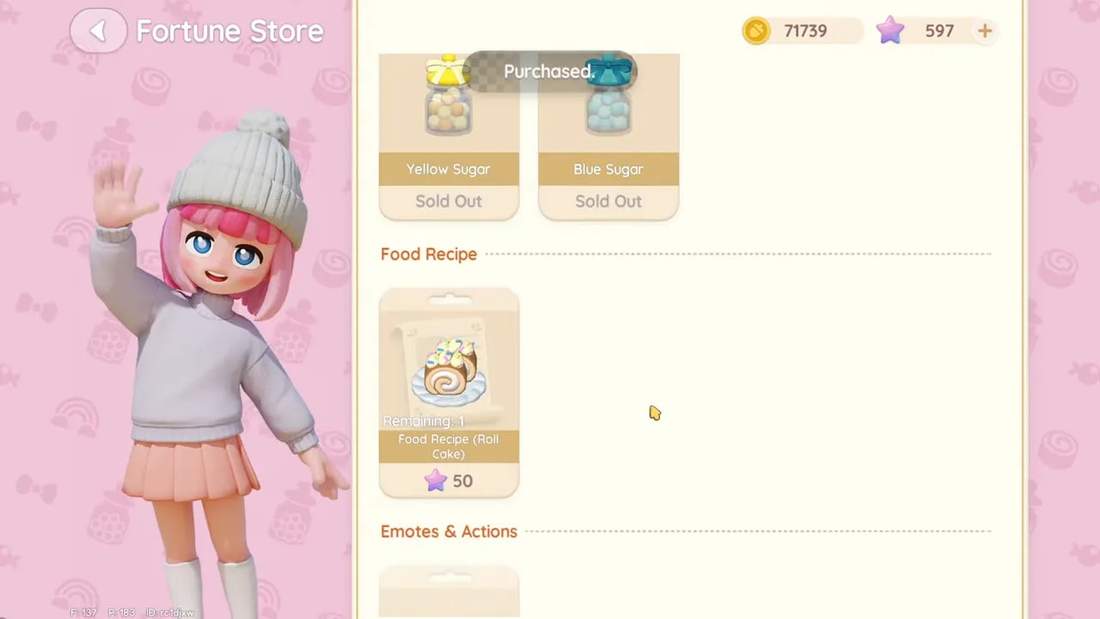 Fortune Store menu showing Yellow Sugar, Blue Sugar and a Roll Cake recipe with Pink Doris character on the left