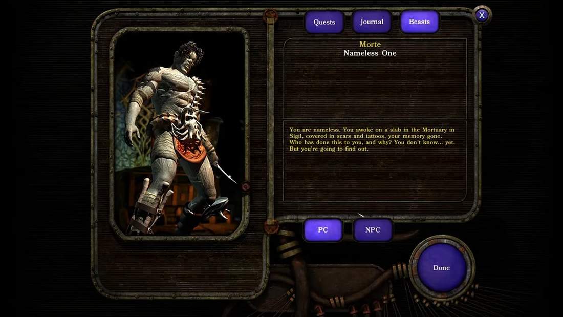 Planescape: Torment dialogue screen showing the Nameless One in the Mortuary