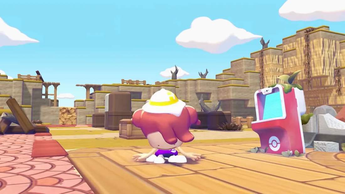 Player avatar sitting on a wooden floor with a pink kiosk and island scenery in the background