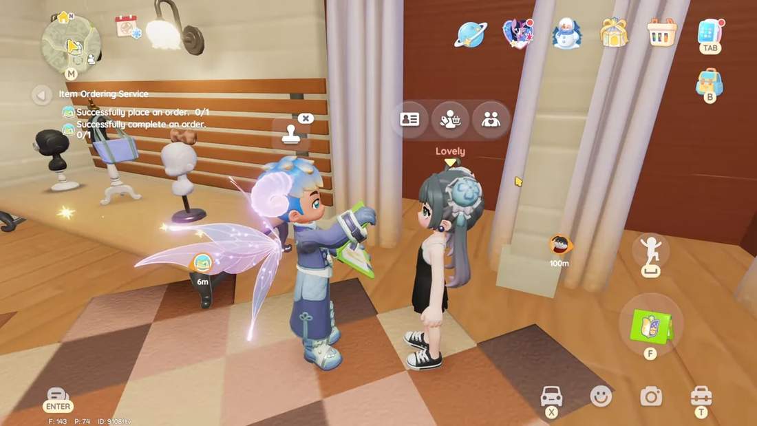 Two player avatars facing each other while one holds an order ticket and interaction icons are visible for stamping