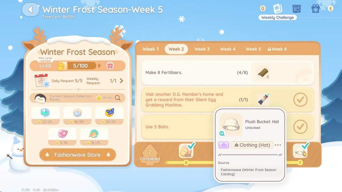 Weekly rewards screen showing a tooltip for the Plush Bucket Hat unlocked from the event