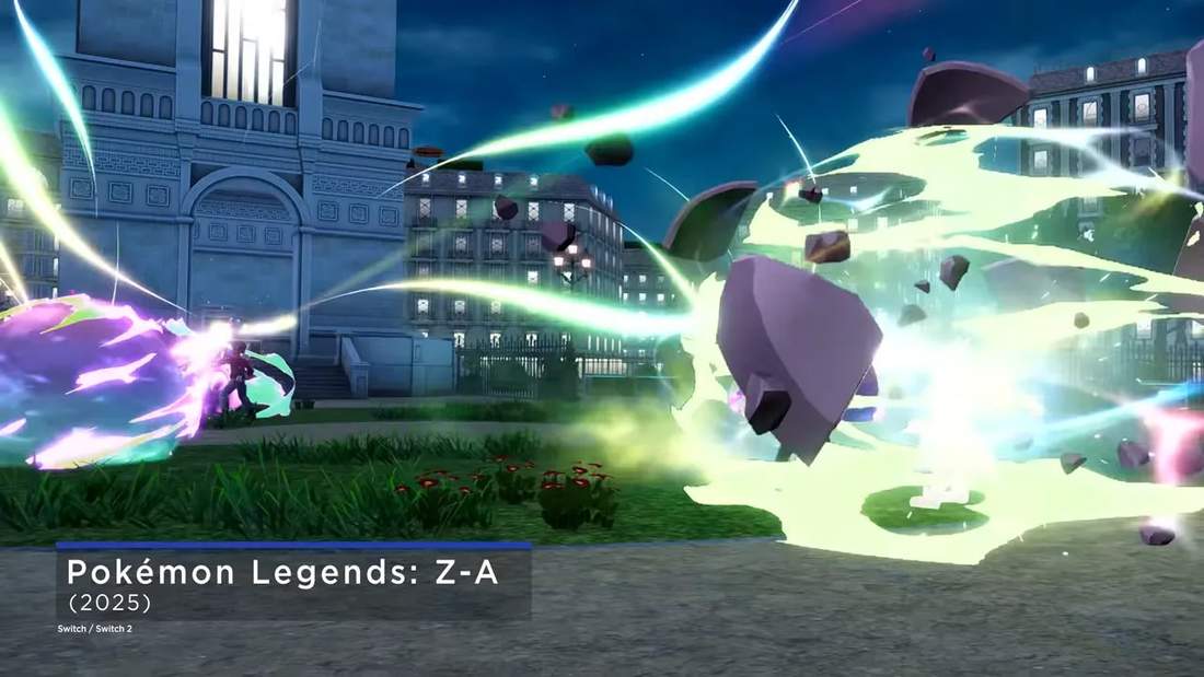 Pok&eacute;mon Legends: Z‑A city battle screenshot showing a bright special attack, rubble in midair and city buildings in the background