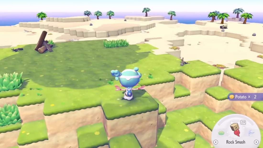 Player character standing on the edge of terraced blocky cliffs showing open land and Rock Smash tool UI in Pok&eacute;mon Pokopia