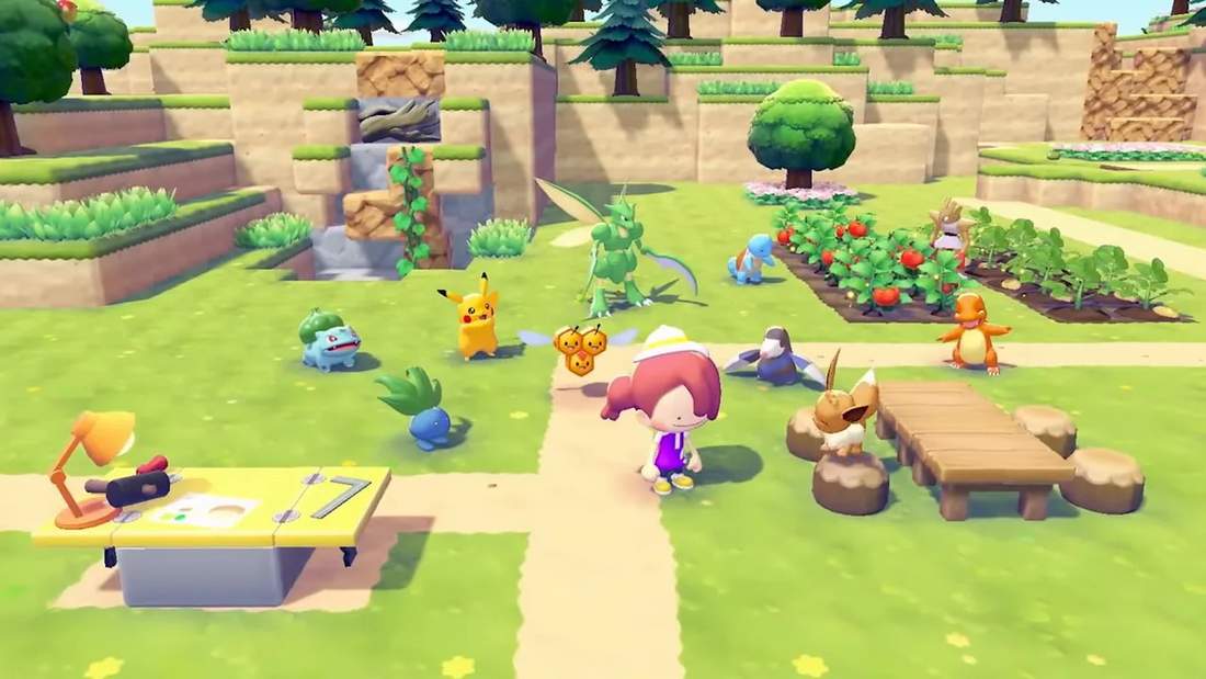 Clear top-down view of Pokopia island with many Pok&eacute;mon around a player, garden plots and seating