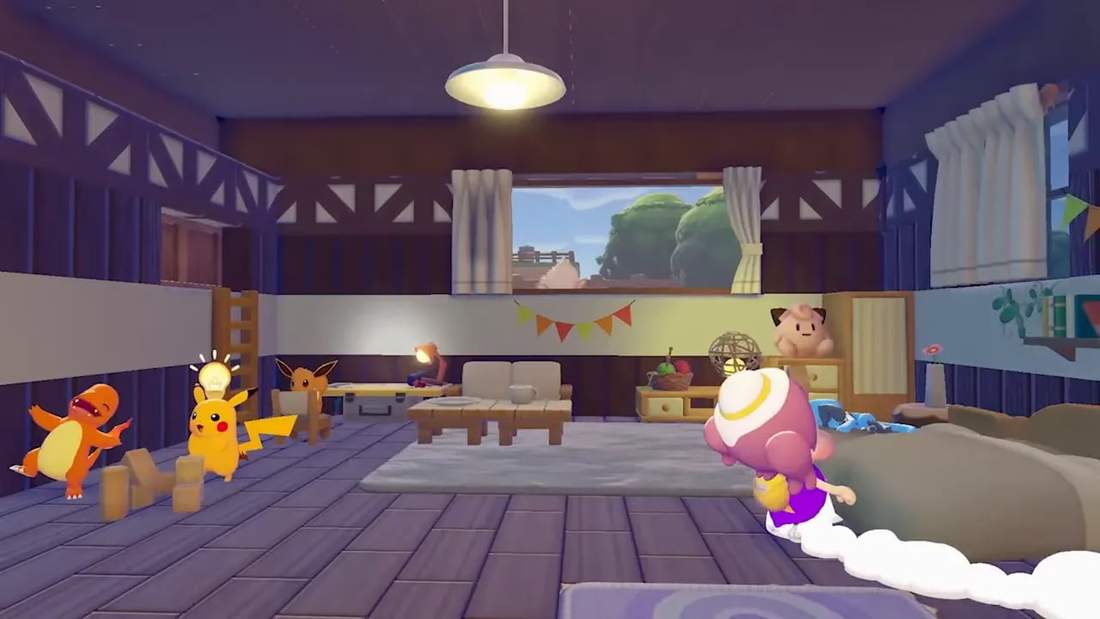 Interior of a Pokopia home showing furniture, Pikachu, Charmander, Eevee and the player sharing a cozy living space.