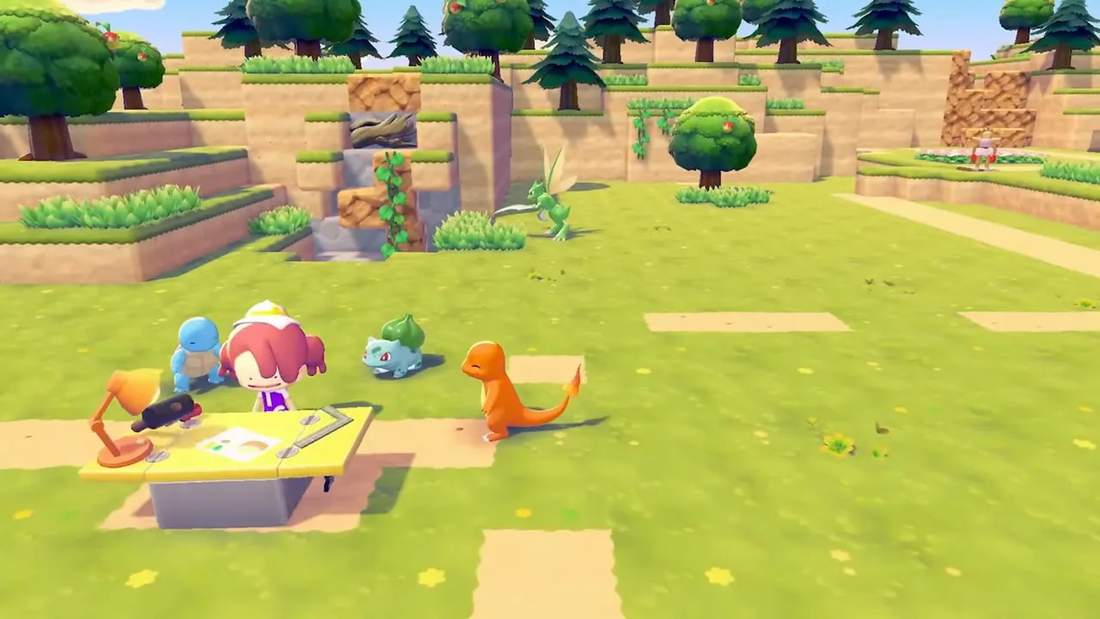 Player at a crafting table with Charmander, Bulbasaur, and Squirtle nearby on Pokopia island