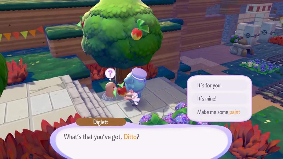 Ditto handing an apple to a Diglett beneath a tree, with dialogue box and response options visible