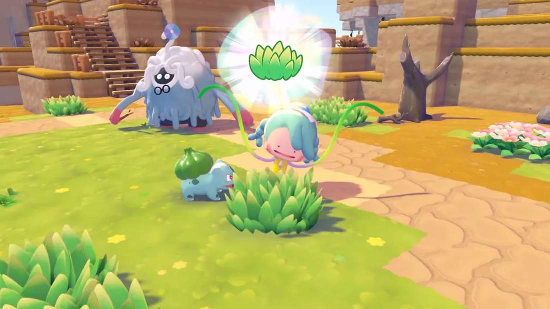 Clear image of the Ditto character using Leafage: vine-like arms extend and a leaf icon appears overhead, with Bulbasaur and Tangrowth visible.