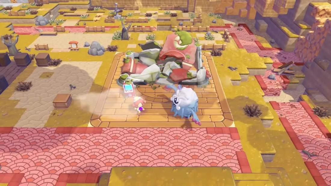 Top-down view of player and Pok&eacute;mon on a plaza with surrounding island tiles and ruins