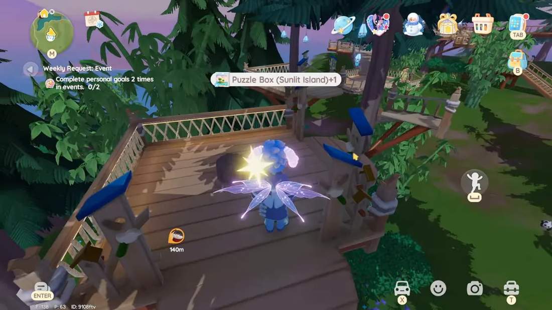 Player standing on a wooden treehouse platform collecting a 'Puzzle Box (Sunlit Island)+1' pickup from a pink bubble spawn.