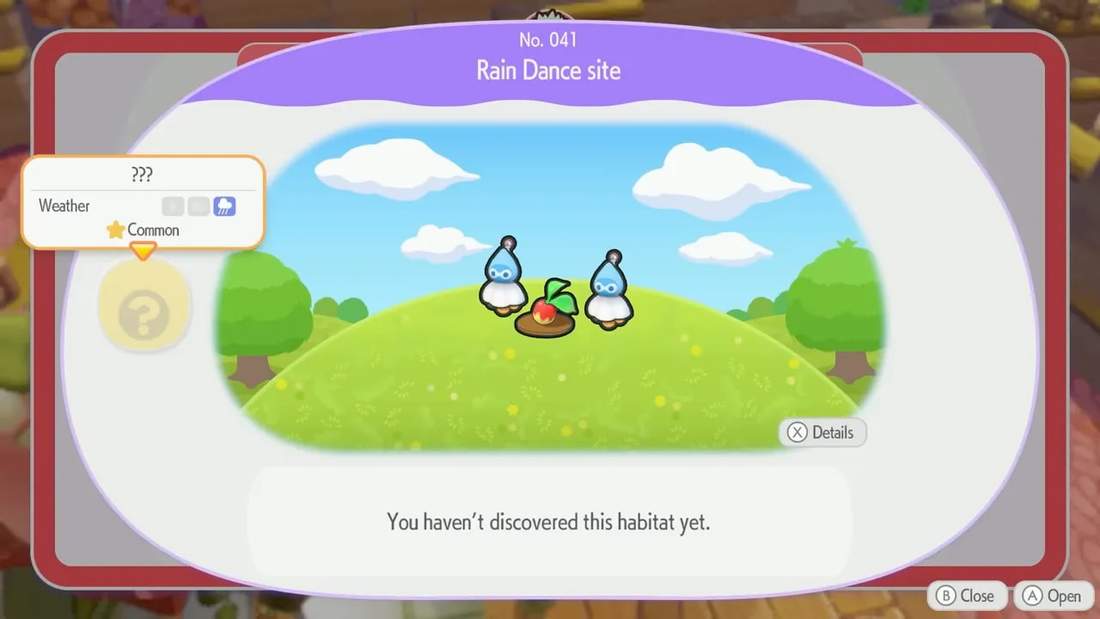 In-game 'Rain Dance site' habitat screen showing weather icon and 'You haven't discovered this habitat yet' message
