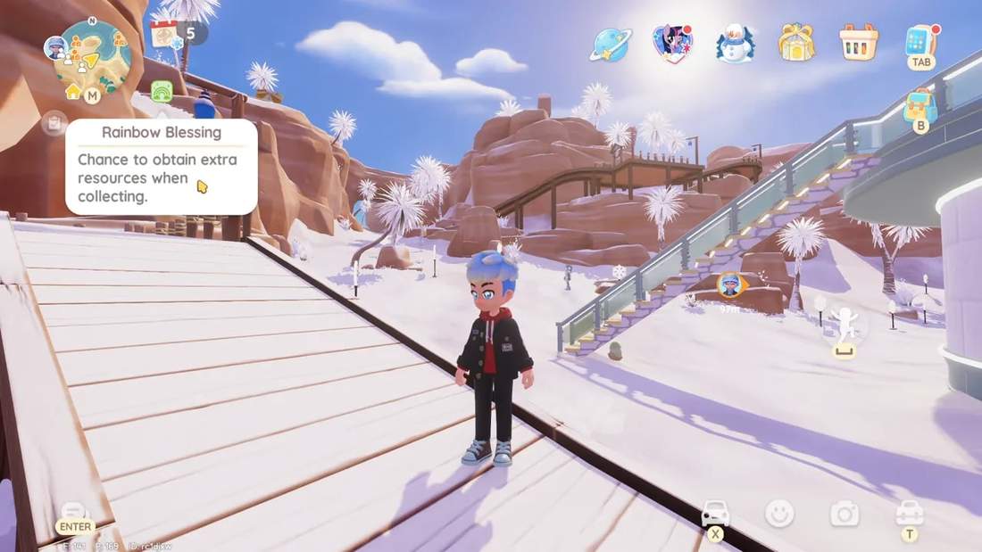 In-game screenshot showing a player on a snowy ridge with the 'Rainbow Blessing: Chance to obtain extra resources when collecting' tooltip visible.