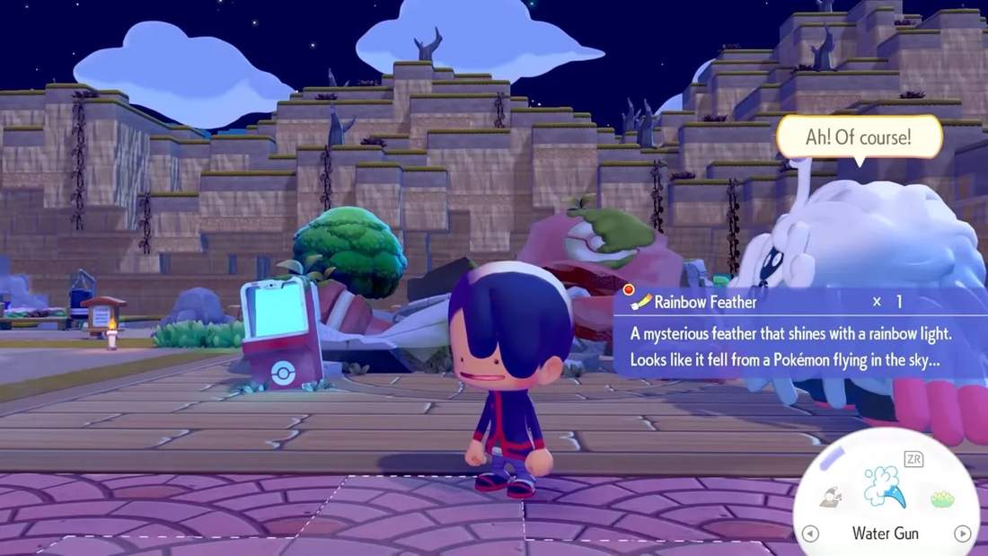 In-game popup showing 'Rainbow Feather' description after picking up a glowing feather; character and NPC visible.