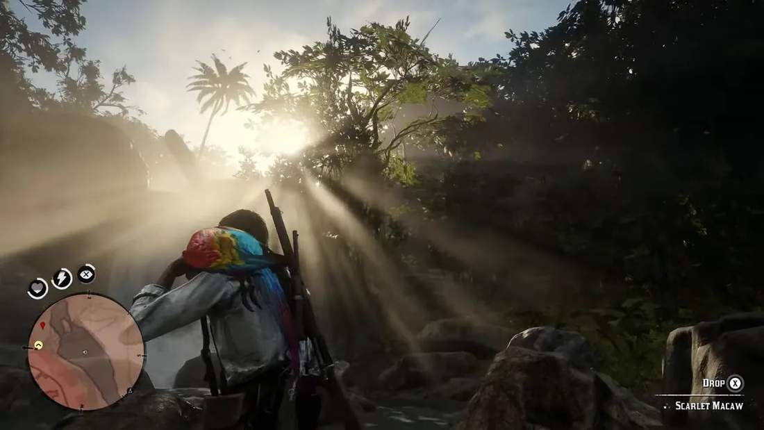 Red Dead Redemption 2 character with a scarlet macaw on their shoulder in a sunlit Guarma jungle
